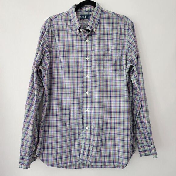 Ralph Lauren Green Purple plaid long sleeve button front shirt mens‎ size L - Picture 1 of 7